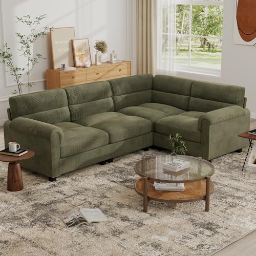 Bonzy Home Modular Sectional Sofa for Living Room, Comfy Green Corduroy 4-Seat L Shaped Sofa with Overstuffed Cushion and Rolled Arms, Modern Couch for Bedroom, Apartment, Office - color: Green, size: 4-seater(L-shaped)