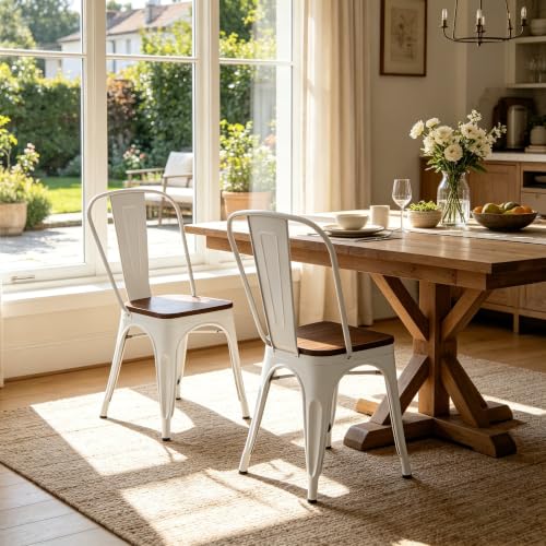 Penau Dining Chairs Set of 2, Stackable, White Walnut | High Gloss White Finish, Walnut Wooden Seat, Stackable Storage, Indoor Outdoor Use, Easy Assembly