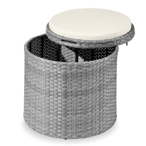 Best Choice Products Round Wicker Ottoman, Multipurpose Outdoor Furniture for Patio, Backyard, Additional Seating, Footrest, Side Table w/Storage, Removable Cushions – Gray/Cream - color: Gray/Cream