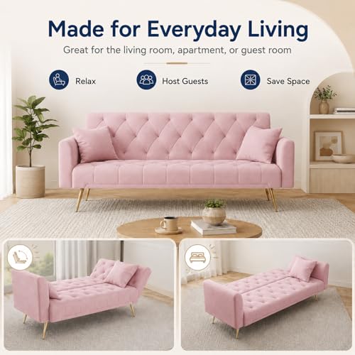 Majnesvon 71" Pink Futon Sofa Bed Couch: Velvet Fabric Memory Foam 2 Pillows Gold Metal Feet Adjustable Tufted Backrest, Convertible Folding Sleeper Loveseat for Living Room Bedroom Apartment (Pink) - color: Pink