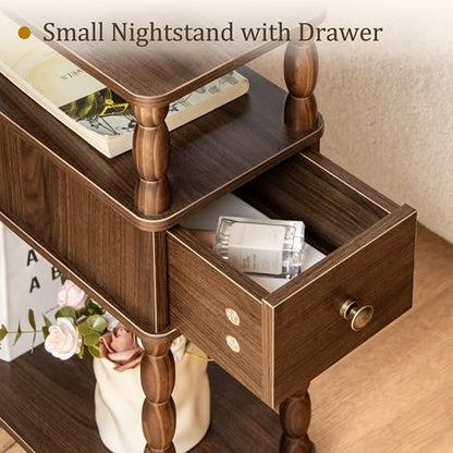 MaxSmeo Narrow Side Table, Small Nightstand with Drawer, Skinny End Table with Storage for Small Spaces, Bedroom, Living Room (Walnut Brown) - color: Walnut Brown