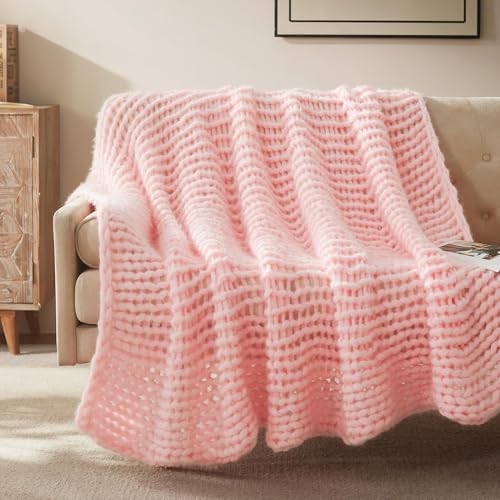 SLEEP ZONE Throw Blanket for Couch - Chunky Knit Hollow Blanket, Throw Blankets for Bed, Handmade Long Plush Cat Yarn, Soft Fluffy Knit Blankets Home Decor (Pink, 60x80in) - color: Pink, size: 60*80