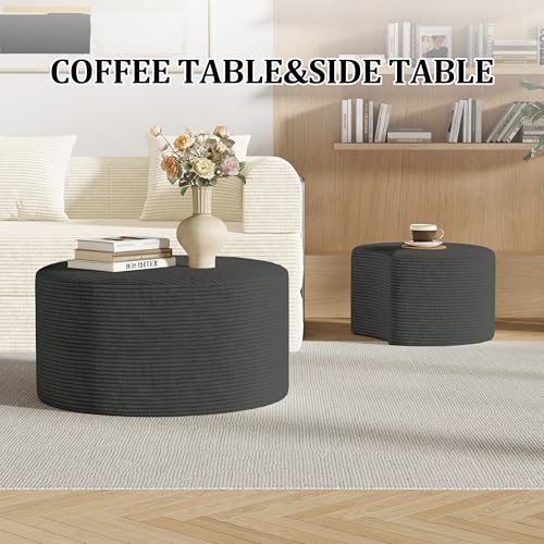 Round Nesting Coffee Table Set of 2,Upholstered Foam Ottoman Footrest Side Table Set,Modern Flannel Circle Coffee Table No Assembly for Living Room Entryway Bedroom,Grey - color: Grey