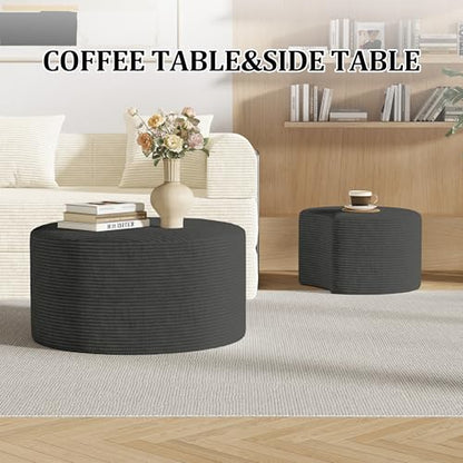 Round Nesting Coffee Table Set of 2,Upholstered Foam Ottoman Footrest Side Table Set,Modern Flannel Circle Coffee Table No Assembly for Living Room Entryway Bedroom,Grey - color: Grey