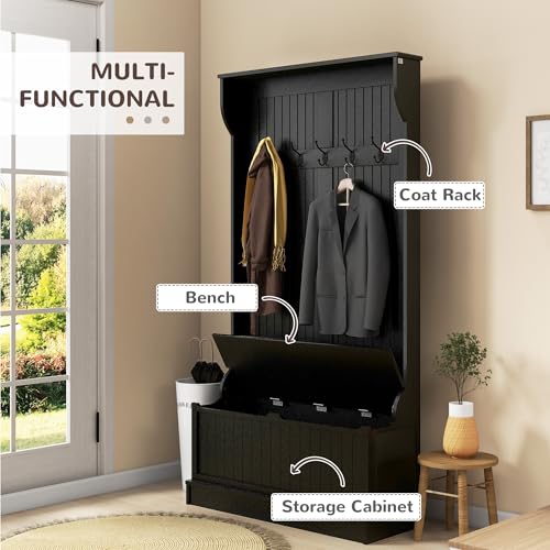 HOMCOM Hall Tree with Bench and Shoe Storage 3-in-1 Coat Rack Black | Slim Bench with Coat Rack, 4 Hooks, Flip Top Storage Compartment - color: Black, size: 38"