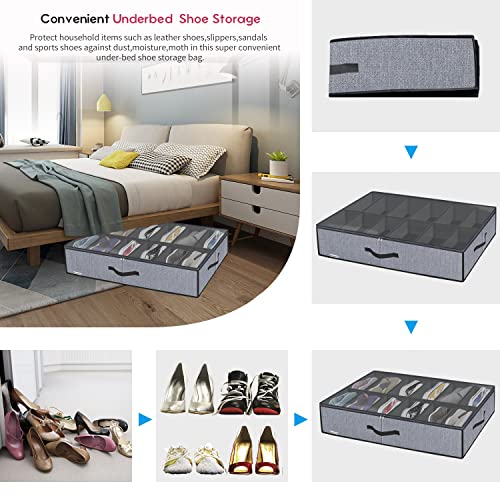 Onlyeasy Large Under Bed Shoe Organizer (6 to 12 Pairs x 2) - Underbed Shoes Closet Storage Solution with Metal Zipper and 2 Handles, Breathable, 29.3"x23.6"x5.9", Linen-like Grey, MXDUBSB2P - color: 2 Shoes (12+12 Cells) Linen-like Grey