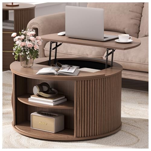 JOINICE Round Lift Top Coffee Table with Storage for Living Room,Walnut | 31.5" Drum Design,Hidden Storage&Open Shelf,Modern Fluted Center Table for Small Apartments,Easy Assembly,Up to 150 lbs - color: Walnut_round (Lift Top)