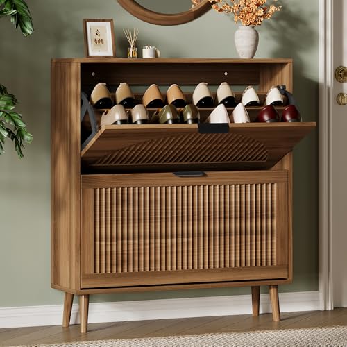 Xixini Shoe Storage Cabinet with 2 Flip Drawers, 36" Tall Narrow Wood Fluted Shoe Organizer for Entryway, Freestanding Wooden Hidden Slim Shoe Rack for Front Door Entrance, Hallway, Foyer, Dark Walnut - color: Dark Walnut, size: 2 Flip Drawers