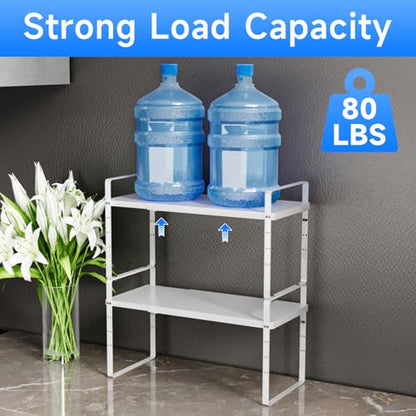 Expandable Cabinet Shelf Organizer, Stackable Kitchen Pantry Counter Storage, Adjustable Closet Cupboard Stand Rack Risers Spice Organization 80LBS Heavy Duty White 2 Pack - color: White