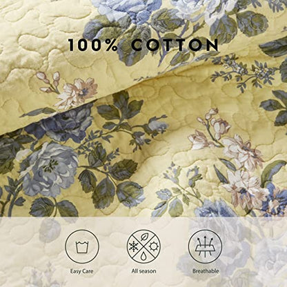 Laura Ashley - Queen Quilt Set, Reversible Cotton Bedding with Matching Shams, Lightweight Home Decor for All Seasons (Linley Yellow, Queen)