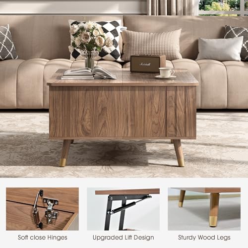 SULIVES Lift Top Coffee Table with Storage,Square Coffee Table with Lifting Top,Modern Center Table with Solid Wood Legs,Small Coffee Tables for Living Room,Walnut - color: Walnut_square