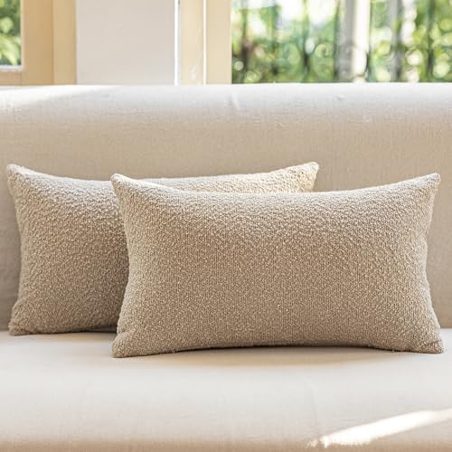 Decorative Throw Pillow Covers 12x20 Inch Pack of 2,Textured Boucle Neutral Lumbar Cushion Cases for Bed Couch Sofa, Accent Mordern Farmhouse & Minimalist Home Decor (Oatmeal Beige) GE03-12 - color: Oatmeal Beige, size: 20" x 12" (Pack of 2)