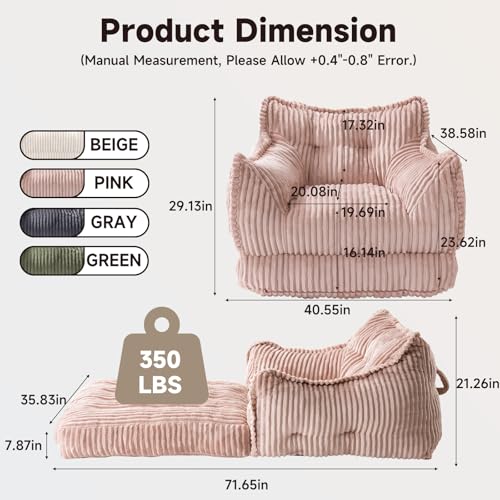 2 in 1 Folding Sofa Bed, Pink | Convertible Sleeper Sofa to Lounger Comfy Bean Bag Chair for Adults, Corduroy Floor Couch Bed with Handle for Living Room - color: Pink