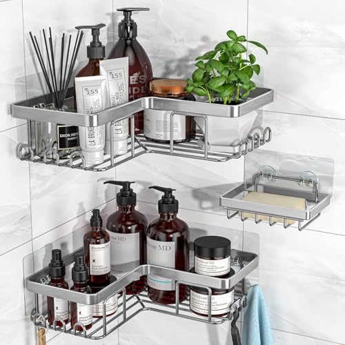 Corner Adhesive Shower Caddy, with Soap Holder and 12 Hooks, Rustproof Stainless Steel Bathroom Organizer, No Drilling Wall Mounted Rack, Brushed Silver, 3-Pack - color: Silver