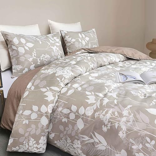 Faincy King Size Comforter Set, Tan Floral Tree Leaf Pattern Printed Reversible Alternative Bed Sets - Soft Microfiber Taupe Flower Vintage Farmhouse Bedding in a Bag for Women Men, Khaki 104x90 3PCs - color: Tan Floral Leaf Comforter Set, size: King