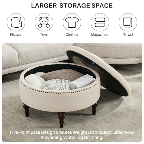 31.5" Round Storage Ottoman, Tufted Linen Coffee Table, Beige | Large Ottoman with Solid Wooden Legs and Nailheads, Side Table for Living Room Bedroom Office - color: Beige