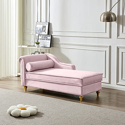 60.6" Modern Storage Chaise Lounge Indoor,Velvet Upholstery Sofa Chair with1 Toss Pillows,Upholstery Lounge Sofa with Gold Metal Legs for Small Apartment,Living Room,Office,Reception Area,Pink - color: Pink
