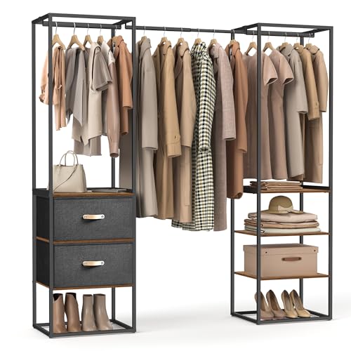 SONGMICS Clothes Rack, 70.9 Inch Wardrobe Freestanding Closet, Heavy Duty Garment Rack with 1 Extendable Hanging Rod, 2 Drawers and 4 Shelves, for Bedroom, Space-Saving, Rustic Brown URGR003B01 | Heavy Duty Garment Rack, 3 Hanging Rods, Space-Saving, for
