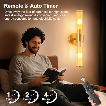 Morauroral Gold Battery Operated Wall Sconces Set of 2, Rechargeable Wall Lights with Remote Control, 20 Inch Modern Wireless Wall Lamp for Bedroom, Living Room with Amber Shade (Bulbs Included) - color: Gold（Amber Glass）