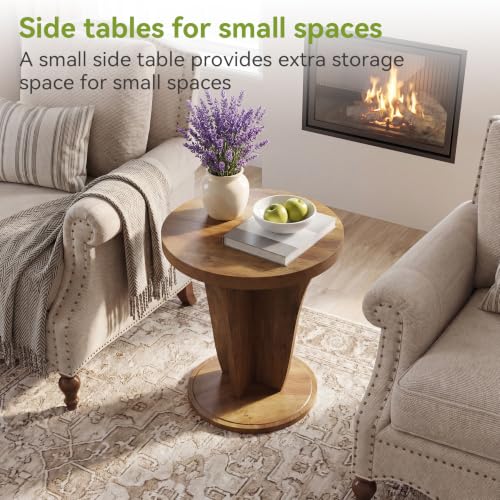 LITTLE TREE Round Side Table, Mid Century Space-Saving End Table | Modern Accent Nightstand for Small Space, Wood Drink Table for Living Room, Bedroom, Corner and Office, Easy Assembly, Brown