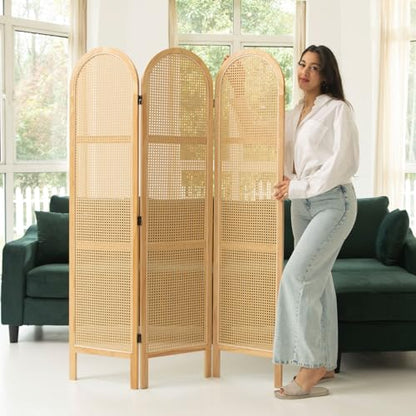 Svimi Room Dividers and Folding Privacy Screens, Pine Wood 5.6 Ft Double Hinged Rattan Partition Freestanding Wall Room Divider for Home - 3 Panels (Natural) - color: Natural