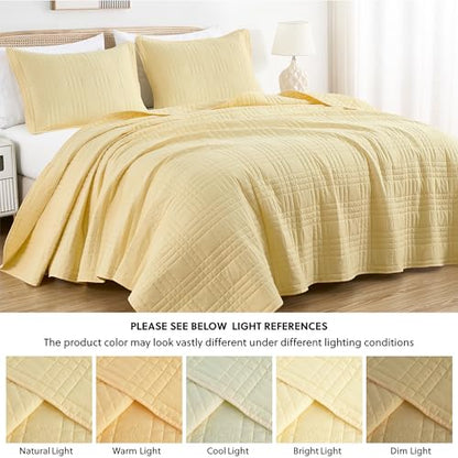 Chezmoi Collection Kingston Queen Size Bedspread Set, 3-Piece Pastel Yellow Oversized Quilted Microfiber Lightweight Bedspread Coverlet (100"x106") for All Seasons - color: Pastel Yellow, size: Queen