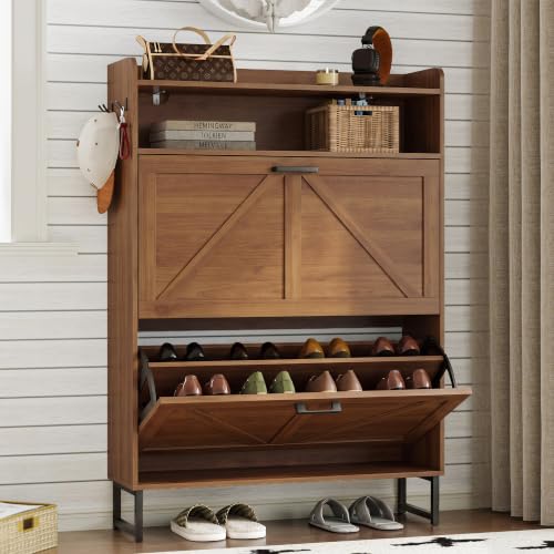 BORNOON Shoe Cabinet with 2 Flip Drawers Narrow Shoe Storage Cabinet Organizer Wooden Freestanding Rack Hidden Slim Storage for Entryway, Hallway, Living Room, Bedroom - color: Walnut, size: 2-Drawer