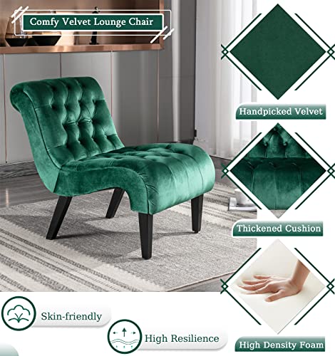 Green Velvet Armless Accent Chair Set of 2, Upholstered with Tufted Back and Rolled Edge Design, Comfy Reading Chair with Solid Wooden Legs, Easy Assembly | Modern Small Lounger for Living Room, Upholstered Reading Chaise Lounge with Solid Rubber Wood Leg