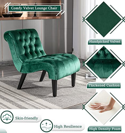 Green Velvet Armless Accent Chair Set of 2, Upholstered with Tufted Back and Rolled Edge Design, Comfy Reading Chair with Solid Wooden Legs, Easy Assembly | Modern Small Lounger for Living Room, Upholstered Reading Chaise Lounge with Solid Rubber Wood Leg