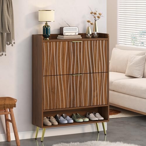 Shoe Storage Cabinet with with 2 Flip Drawers, Entryway Shoe Rack Organizer with Water Ripple Textured Front, Slim Shoe Cabinet with Gold Metal Legs for Hallway, Living Room, Walnut - size: 9.4"D x 31.5"W x 42.9"H