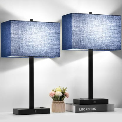 Lynnoland 21" Set of 2 Bedside lamp with USB A+C & AC Outlets, Touch Control 3-Way Dimmable Nightstand Lamps for Bedroom Living Room Office Reading, Blue Shade Touch Lamps, 5000K LED Bulbs Included - color: (2 Pack)Blue Line & Matte Black (Base)-Two 5000K