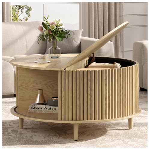 JOINICE 31.5" Round Coffee Table with Storage for Living Room, Natural Oak | Hidden Storage,Fluted Sliding Door,Boho Center Table for Small Apartments,Solid Wood Legs,Easy Assembly,Up to 110 lbs - color: Oak_round