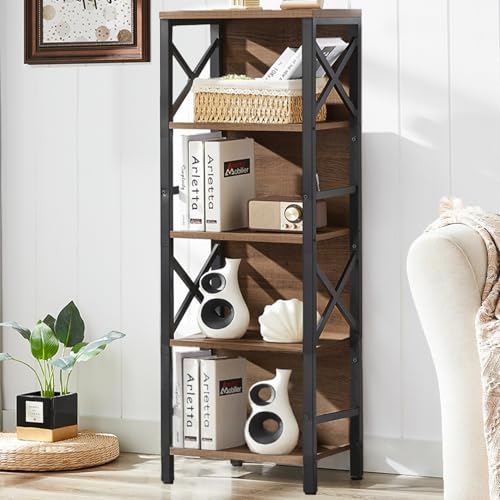 MNEETRUNG Small Bookshelf,5 Tier Industrial Bookshelf with Metal Frame and Backboard,Narrow Rustic Brown Book Shelf,Book case for Small Spaces,Living Room,Bedroom and Home Office - color: Brown, size: 5-Tier (14.9"W x 10.2"D x 48.8"H)