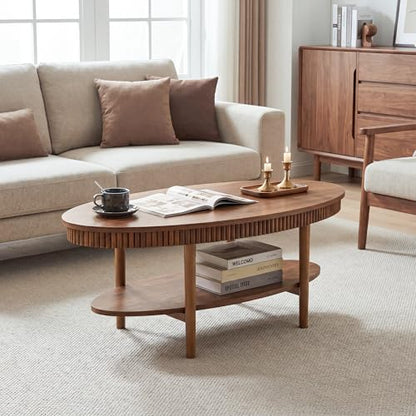 Turtle&Myrtle Oval Coffee Table, Mid-Century Modern Fluted Coffee Tables with 2-Tier Storage Shelf, 39.4" Wood Small Center Table for Living Room, Office, Easy Assembly, Walnut Brown