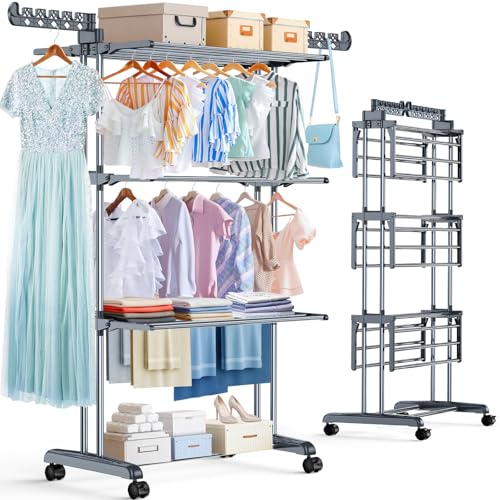 Upgraded 4-Tier Clothes Drying Rack, Drying Rack Clothing with Wheels | Large Foldable Laundry Drying Rack, Clothes Rack with Side Hooks for Indoor Outdoor Air Drying, 19.68"D x 29.9"W x 67.7"H - size: 19.68"D x 29.92"W x 67.70"H