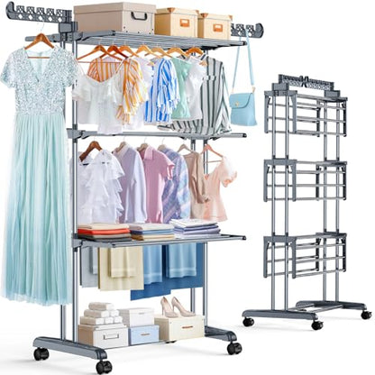 Upgraded 4-Tier Clothes Drying Rack, Drying Rack Clothing with Wheels | Large Foldable Laundry Drying Rack, Clothes Rack with Side Hooks for Indoor Outdoor Air Drying, 19.68"D x 29.9"W x 67.7"H - size: 19.68"D x 29.92"W x 67.70"H
