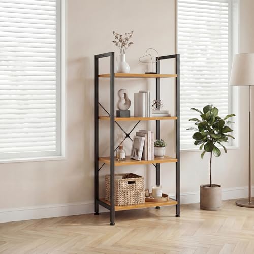 DUMOS 4 Tiers Open Bookshelf, Classic Freestanding Tall Display Shelf, Multifunctional Storage Organizer Rack for Living Room Home Office, Sturdy Bookcase for Books/Movies, Wood | Multifunctional Storage Organizer Rack for Living Room Home Office, Sturdy