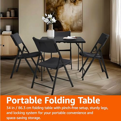 Amazon Basics 34 inch Portable Sturdy Folding Dining Table with Carrying Handle, Space Saving Storage, Square, 33.9 x 29.1 x 33.9 inch, Black | Folding