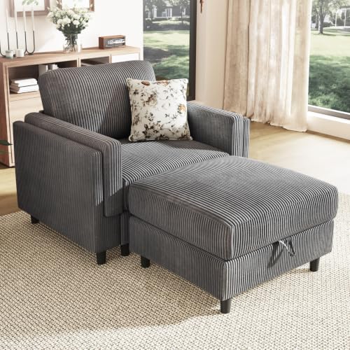KKL Chaise Lounge with Storage Ottoman, Upholstered Comfy Living Room Chair | Reading Chair with Deep Seat, Single Sofa for Apartments Dorms Offices - color: Grey, size: One Seat+Ottoman