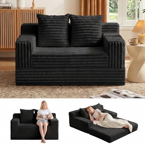 Erament Boneless Loveseat Convertible Sofa Bed, Folding Floor Futon Sleeper Sofa Couch Bed- Boneless Foldable Couch, Corduroy Pull Out Sofa Bed with 2 Pillows for Living Room & Bedroom - color: Black, size: 54''(Lovesat Fur)