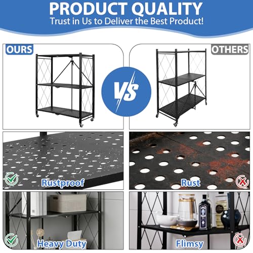 3-Tier Foldable Storage Shelf with Wheels, Metal Collapsible Shelving Unit, Rolling Utility Cart for Kitchen Pantry Closet Office, Pre-Assembled Storage Rack Organizer - size: 3-Tier