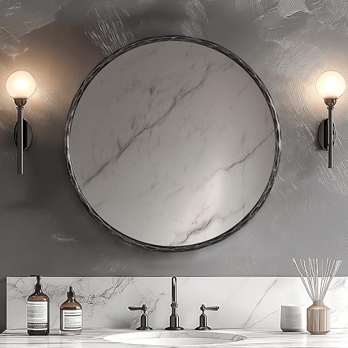 Hand-Forged Round Mirror for Wall, 24 Inch Black Solid Steel Antique Rounded Bathroom Mirror, Vintage Hammered Metal Frame Circle Mirror for Wall Decor, Vanity, Bedroom, Entryway - color: Black, size: 24"L x 24"W