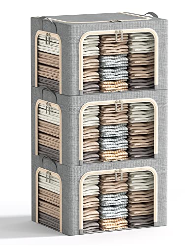 3 Openings Large Clothes Storage Bins with Metal Frame, Foldable Storage Bin for Clothes, Clothing Storage Bins with Lid, Linen Storage Box With Clear Window＆ Zippers＆ Handles.(3 Pcs,Light Grey,66L) - color: Light Grey, size: Large-(19.7 x 15.7 x 13)inche