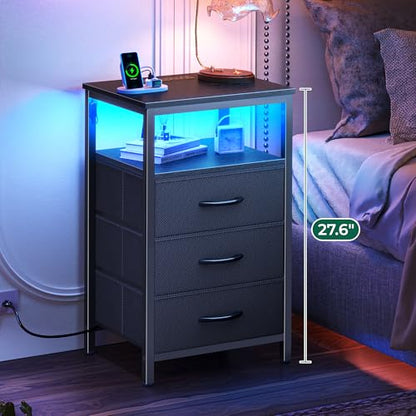 Huuger Night Stand with Charger Station and LED Lights, 3 Drawer Nightstand | Bed Side Table with Open ShelfEnd TableTall Fabric Dresser for Bedroom, Black - color: Black, size: 11.8"D x 15.7"W x 27.6"H（3 Drawers）