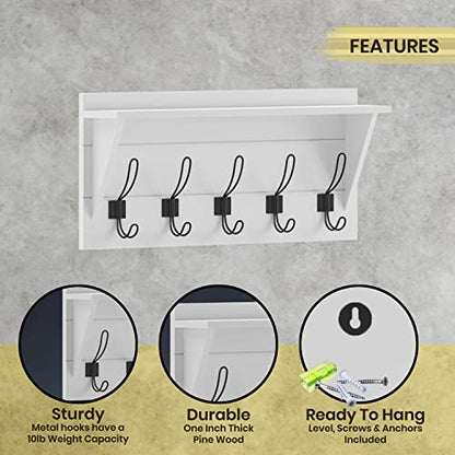 HBCY Creations 24" Wall Mounted Storage Rack - Pine Wood Construction - Solid White Finish - Upper Storage Shelf - 5 Hooks - Ideal for Entryway, Kitchen, Bathroom - color: Solid White