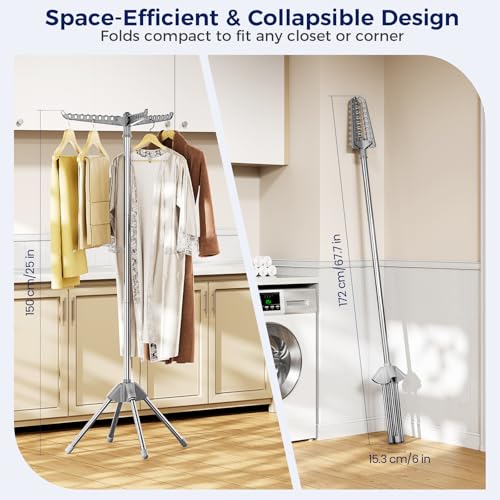 KINGBOARD Clothes Drying Rack, 59" H Laundry Drying Rack, 3 Rotatable Arms | 360° Rotatable Arms, 27 Hanger Holes, Stainless Steel, Tool-Free Setup, Portable for Travel & Small Home, Indoor, 27lbs Hold - size: 1 Tier