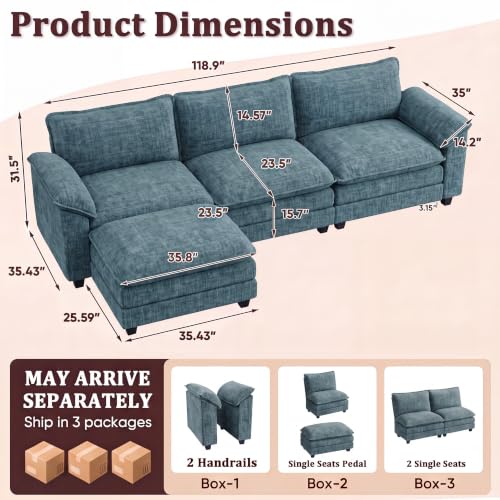 JUMMICO 118.9" L Shaped Sectional Couch, Modular Cloud Sofa, Dark Blue | Comfy Chenille, Movable Ottoman, Deep Seat, Double Layer Cushion, 3 Seat, High-Density Foam, for Living Room - color: Dark Blue, size: L Shaped Sofa