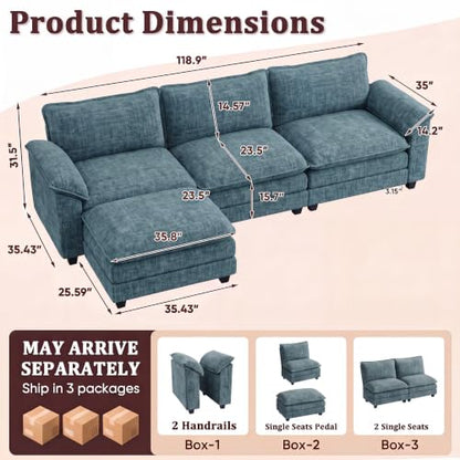 JUMMICO 118.9" L Shaped Sectional Couch, Modular Cloud Sofa, Dark Blue | Comfy Chenille, Movable Ottoman, Deep Seat, Double Layer Cushion, 3 Seat, High-Density Foam, for Living Room - color: Dark Blue, size: L Shaped Sofa