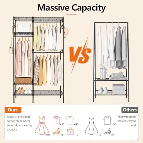 Clothes Rack with Adjustable Wire Shelves & Hanging Rods, Black | Portable Clothing Garment Rack for Hanging Clothes, Freestanding Closet Organizer, Heavy Duty, Max Load 700Lbs - color: Black