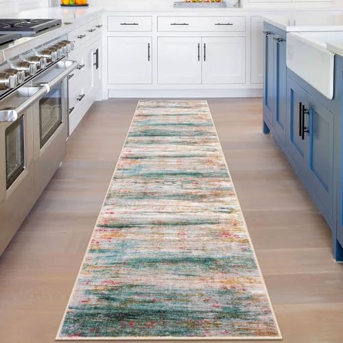 KOZYFLY Modern Abstract Hallway Runner Rug, 2x8 Washable Rug Runner Non-Slip Soft Kitchen Runner Rugs, Print Green Carpet Runner for Entryway Bathroom Laundry Room Foyer - color: Green/Turquoise, size: 2' x 8' (Runner)